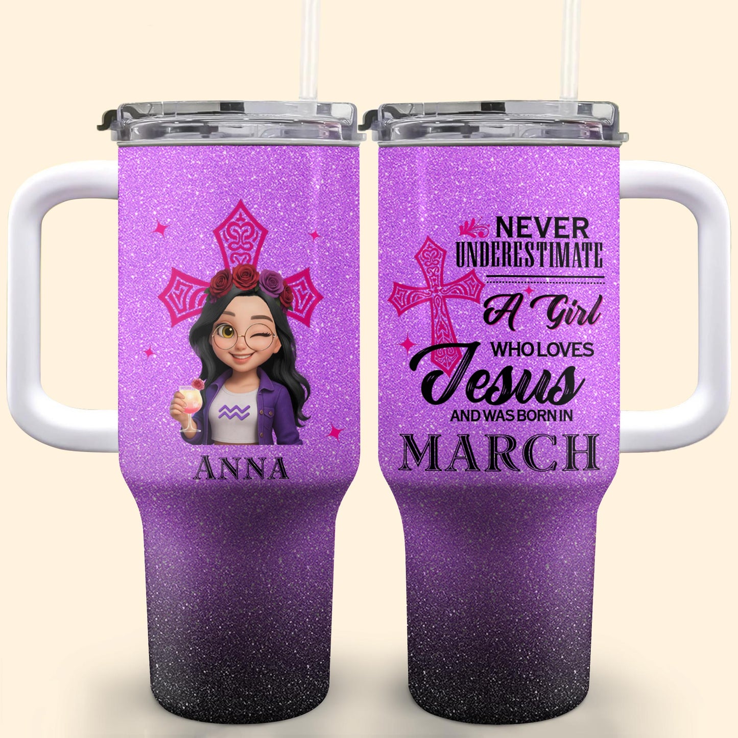 Never Underestimate A Girl Who Loves Jesus And Was Born In March, Cross And Roses