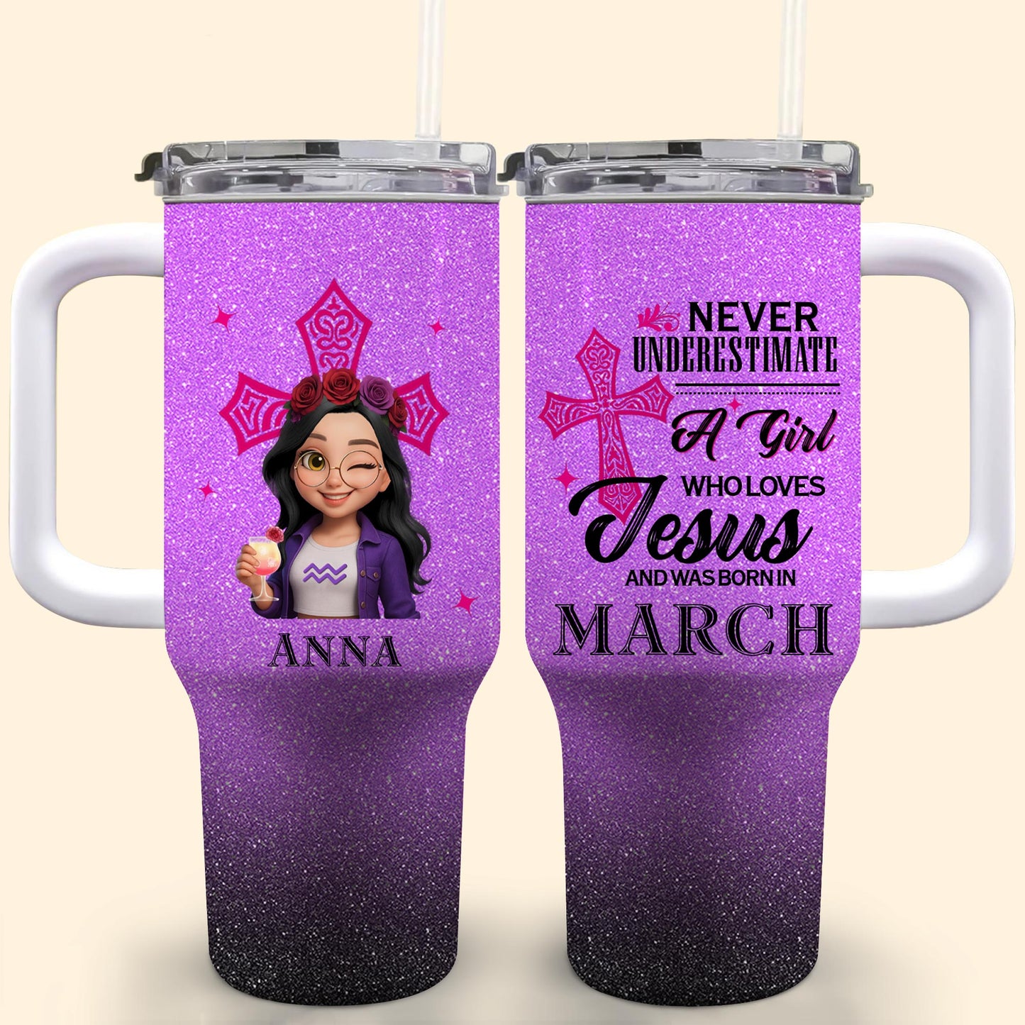 Never Underestimate A Girl Who Loves Jesus And Was Born In March, Cross And Roses