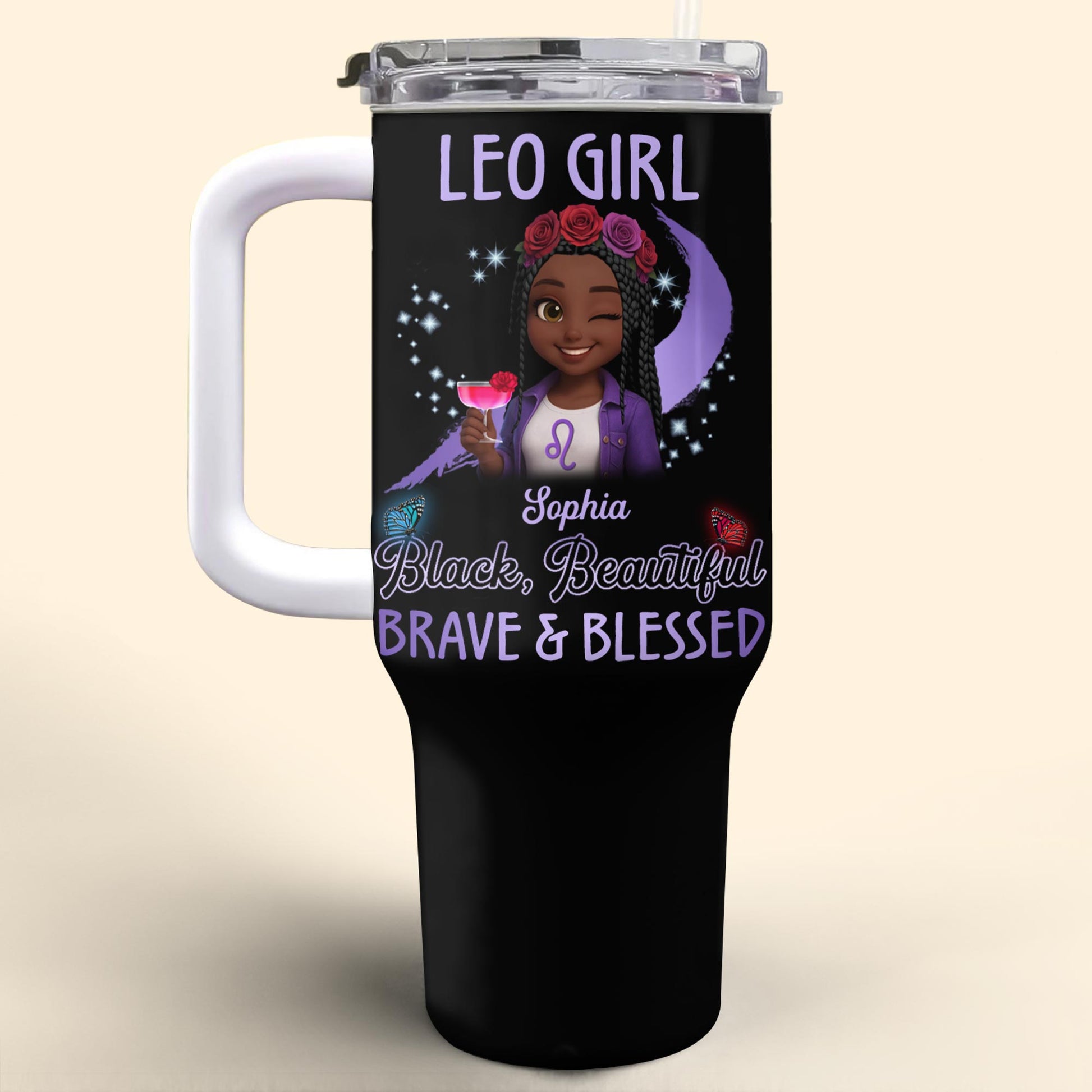 Leo Girl, Black, Beautiful, Brave & Blessed, Zodiac Sign and Flowers