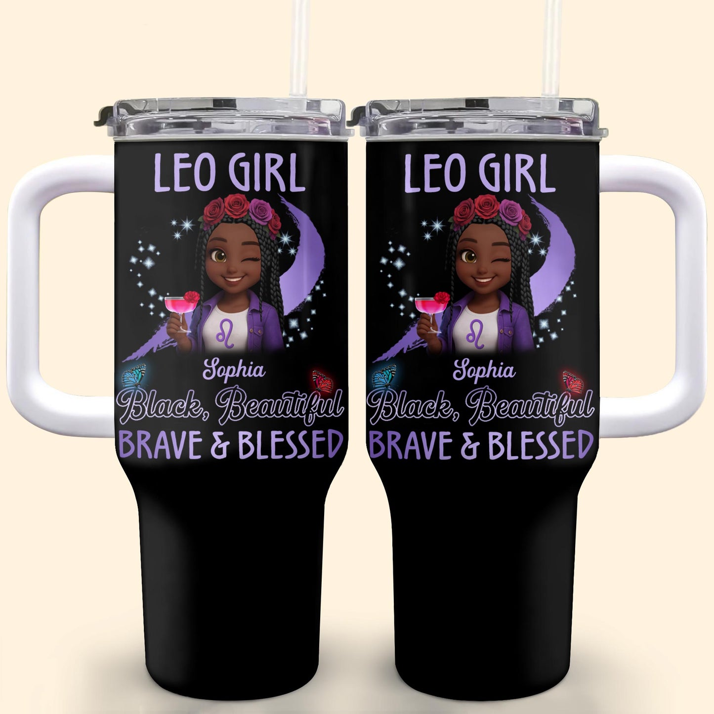 Leo Girl, Black, Beautiful, Brave & Blessed, Zodiac Sign and Flowers