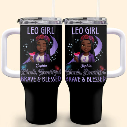 Leo Girl, Black, Beautiful, Brave & Blessed, Zodiac Sign and Flowers