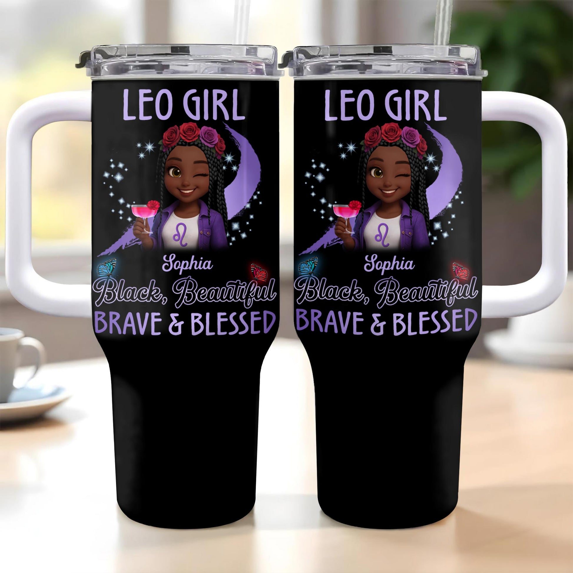 Leo Girl, Black, Beautiful, Brave & Blessed, Zodiac Sign and Flowers
