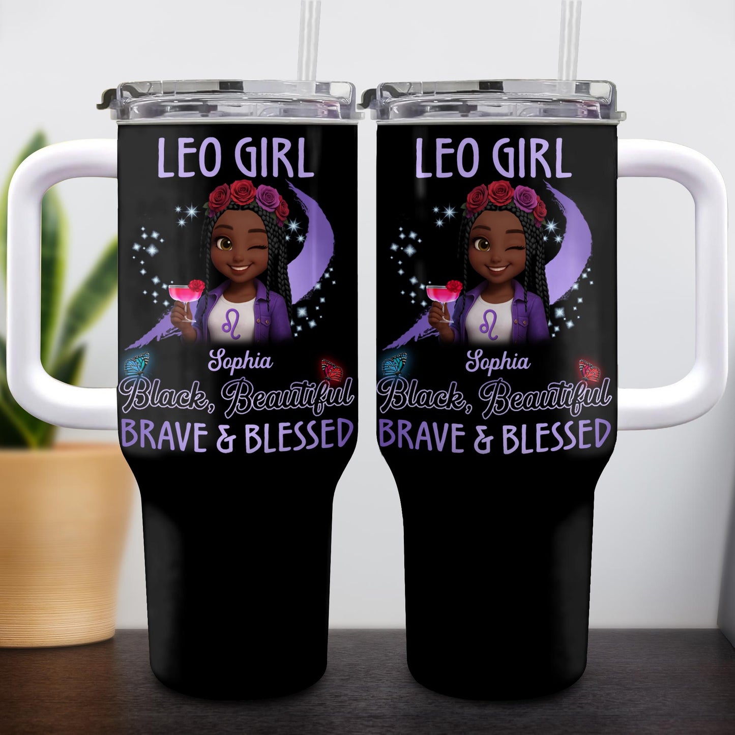 Leo Girl, Black, Beautiful, Brave & Blessed, Zodiac Sign and Flowers