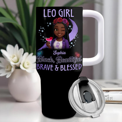 Leo Girl, Black, Beautiful, Brave & Blessed, Zodiac Sign and Flowers