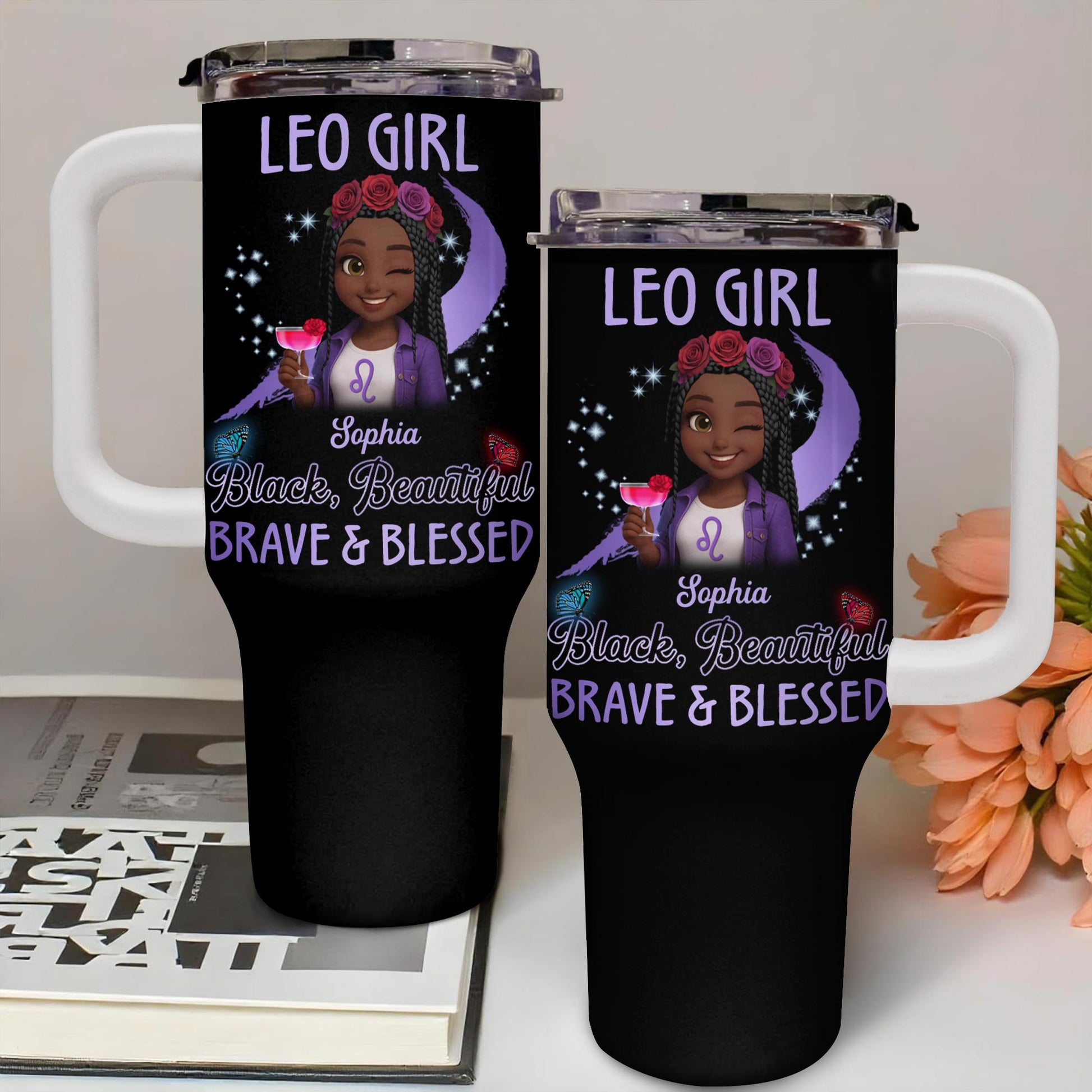 Leo Girl, Black, Beautiful, Brave & Blessed, Zodiac Sign and Flowers