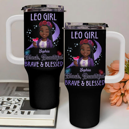 Leo Girl, Black, Beautiful, Brave & Blessed, Zodiac Sign and Flowers