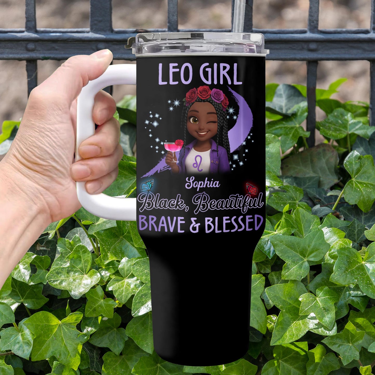 Leo Girl, Black, Beautiful, Brave & Blessed, Zodiac Sign and Flowers