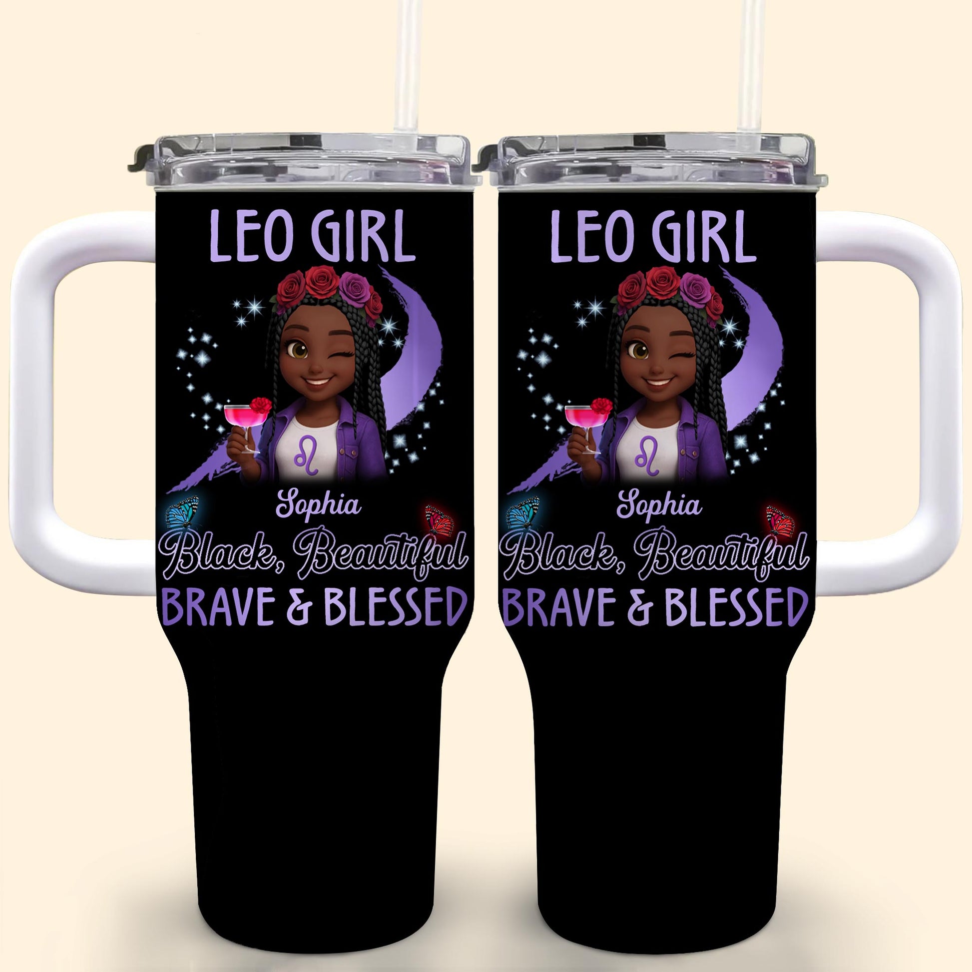 Leo Girl, Black, Beautiful, Brave & Blessed, Zodiac Sign and Flowers