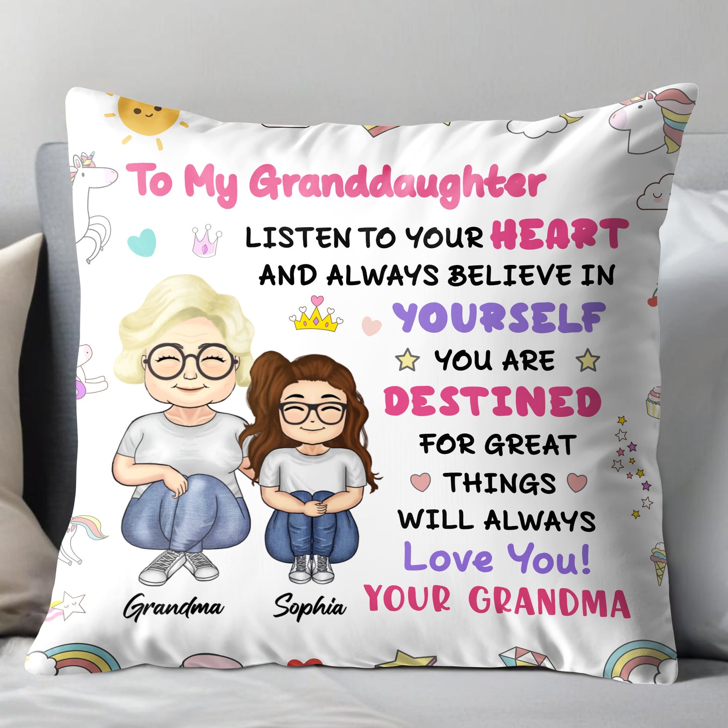To My Granddaughter, Believe In Yourself, Unicorn And Rainbow - Personalized Custom Pillow, Insert Included - GDT312_PLW