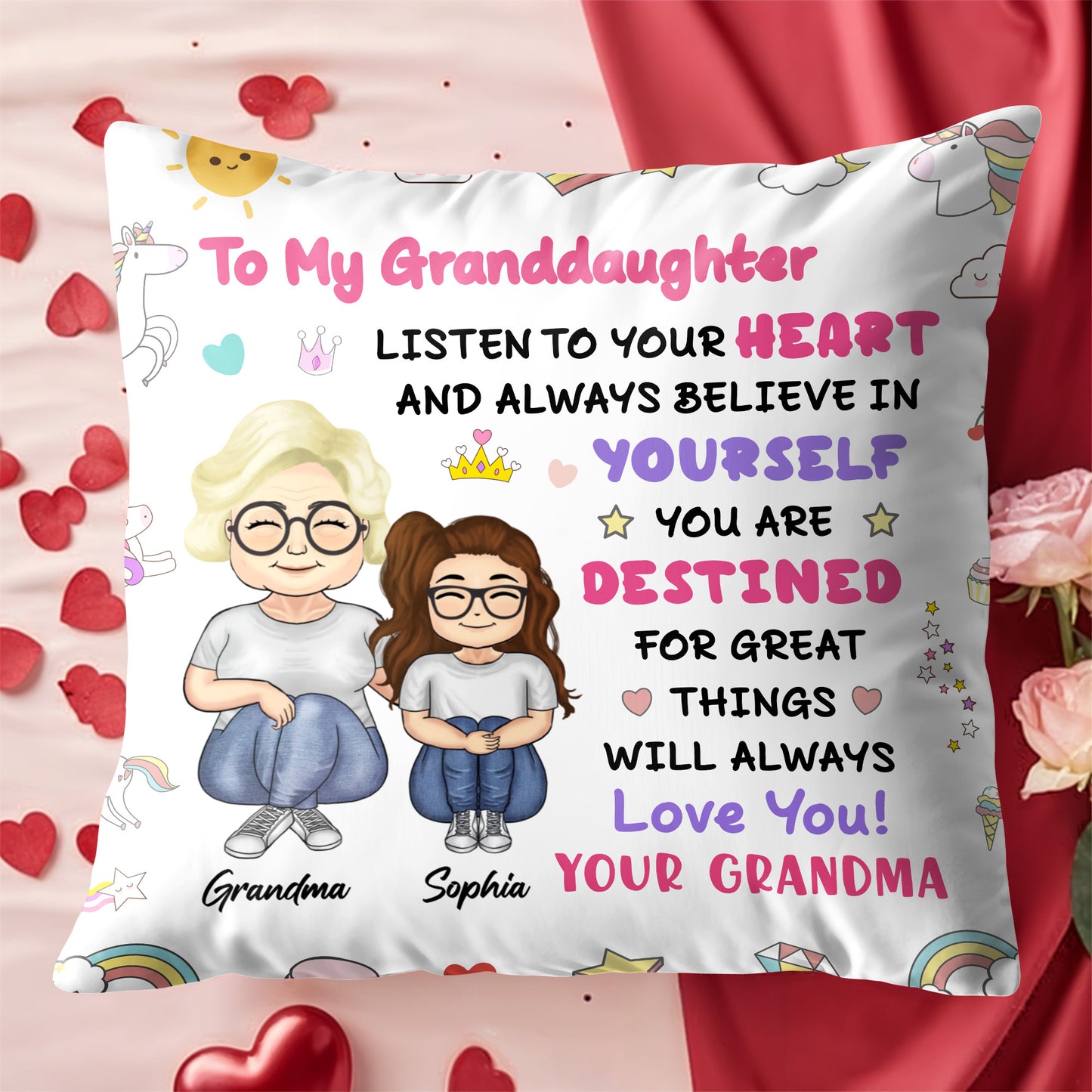 To My Granddaughter, Believe In Yourself, Unicorn And Rainbow - Personalized Custom Pillow, Insert Included - GDT312_PLW