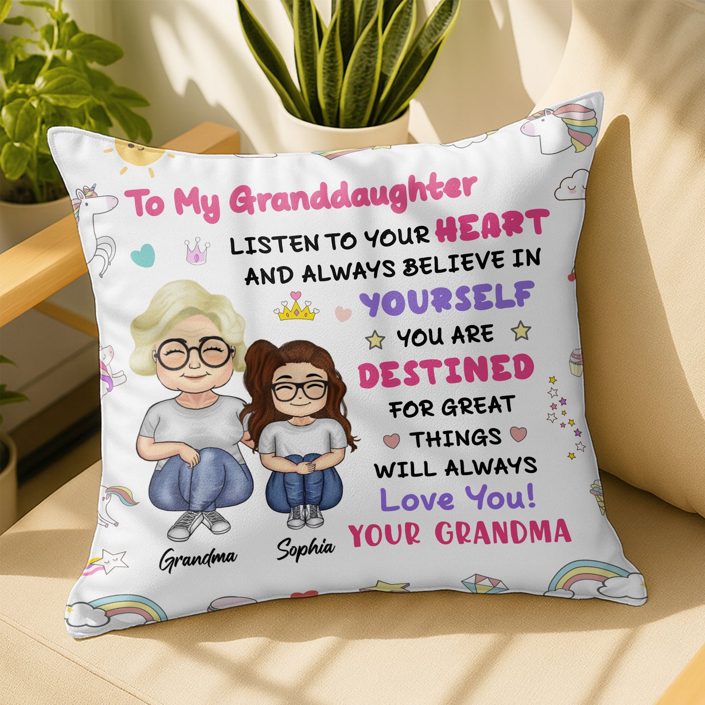 To My Granddaughter, Believe In Yourself, Unicorn And Rainbow - Personalized Custom Pillow, Insert Included - GDT312_PLW