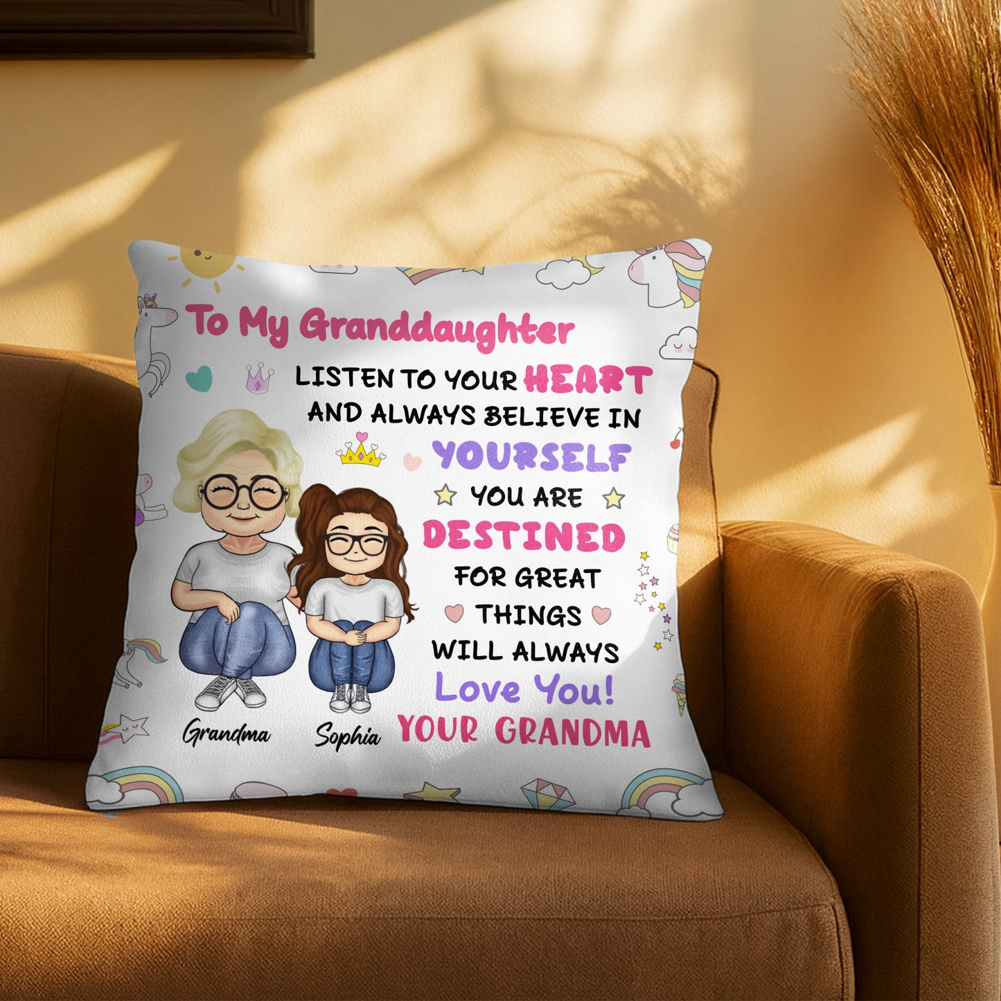 To My Granddaughter, Believe In Yourself, Unicorn And Rainbow - Personalized Custom Pillow, Insert Included - GDT312_PLW
