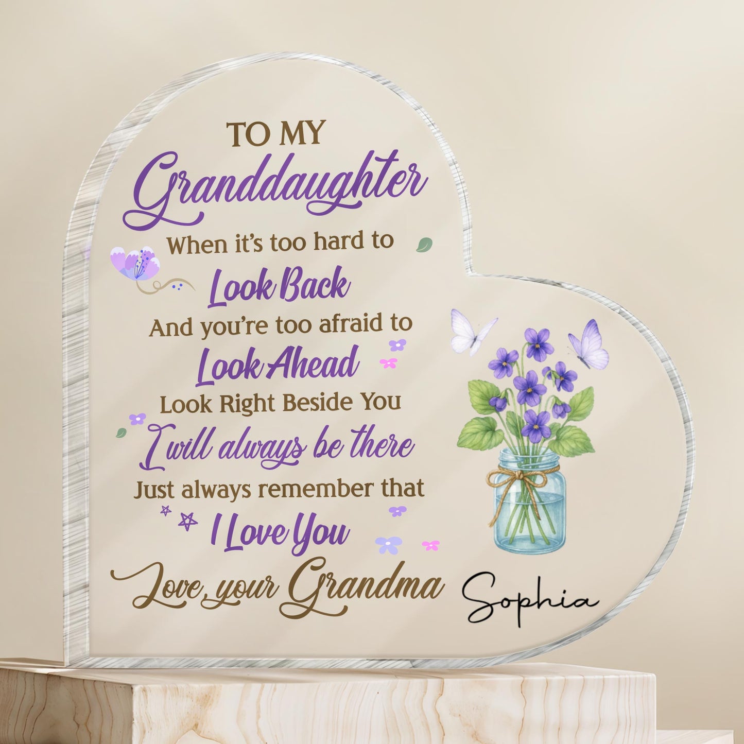 To My Granddaughter, Flowers and Butterfly In A Jar - Personalized Heart Shaped Acrylic Plaque - GDT316_HAP