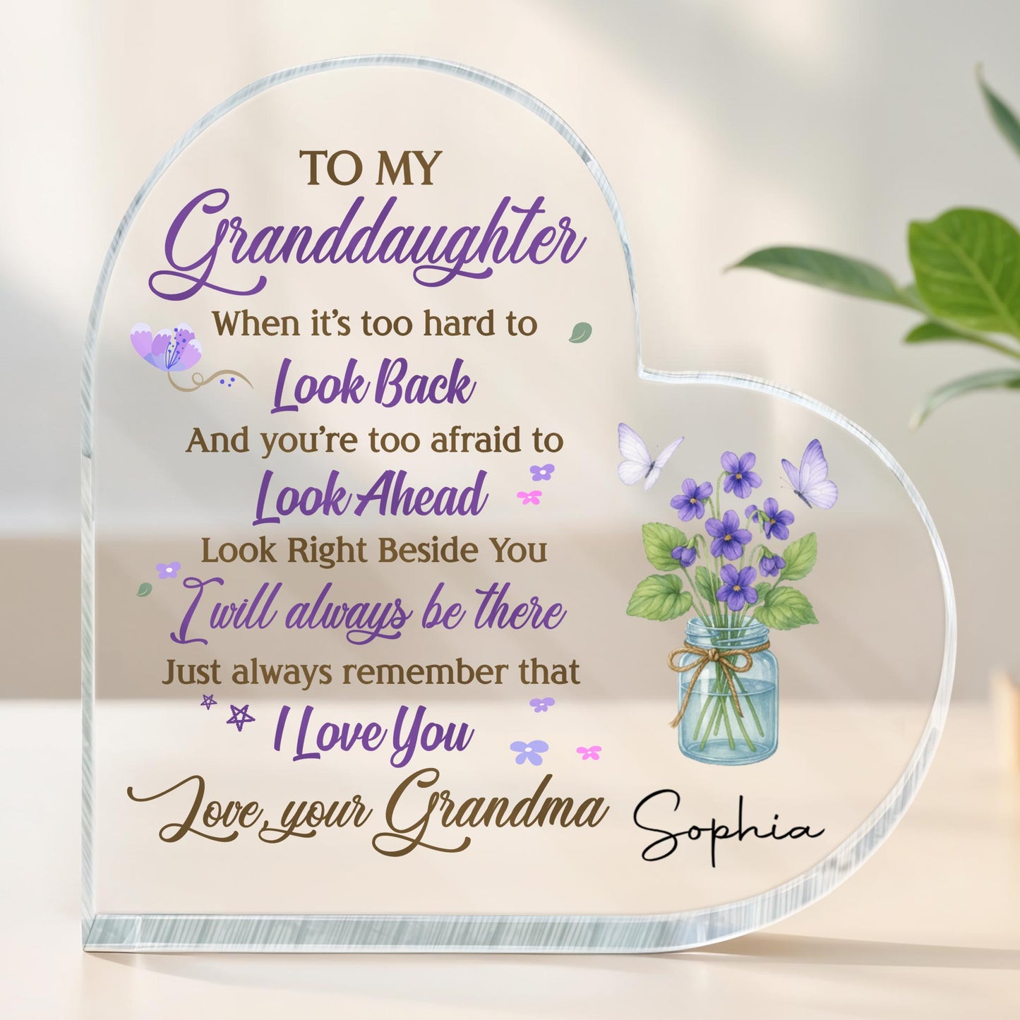 To My Granddaughter, Flowers and Butterfly In A Jar - Personalized Heart Shaped Acrylic Plaque - GDT316_HAP