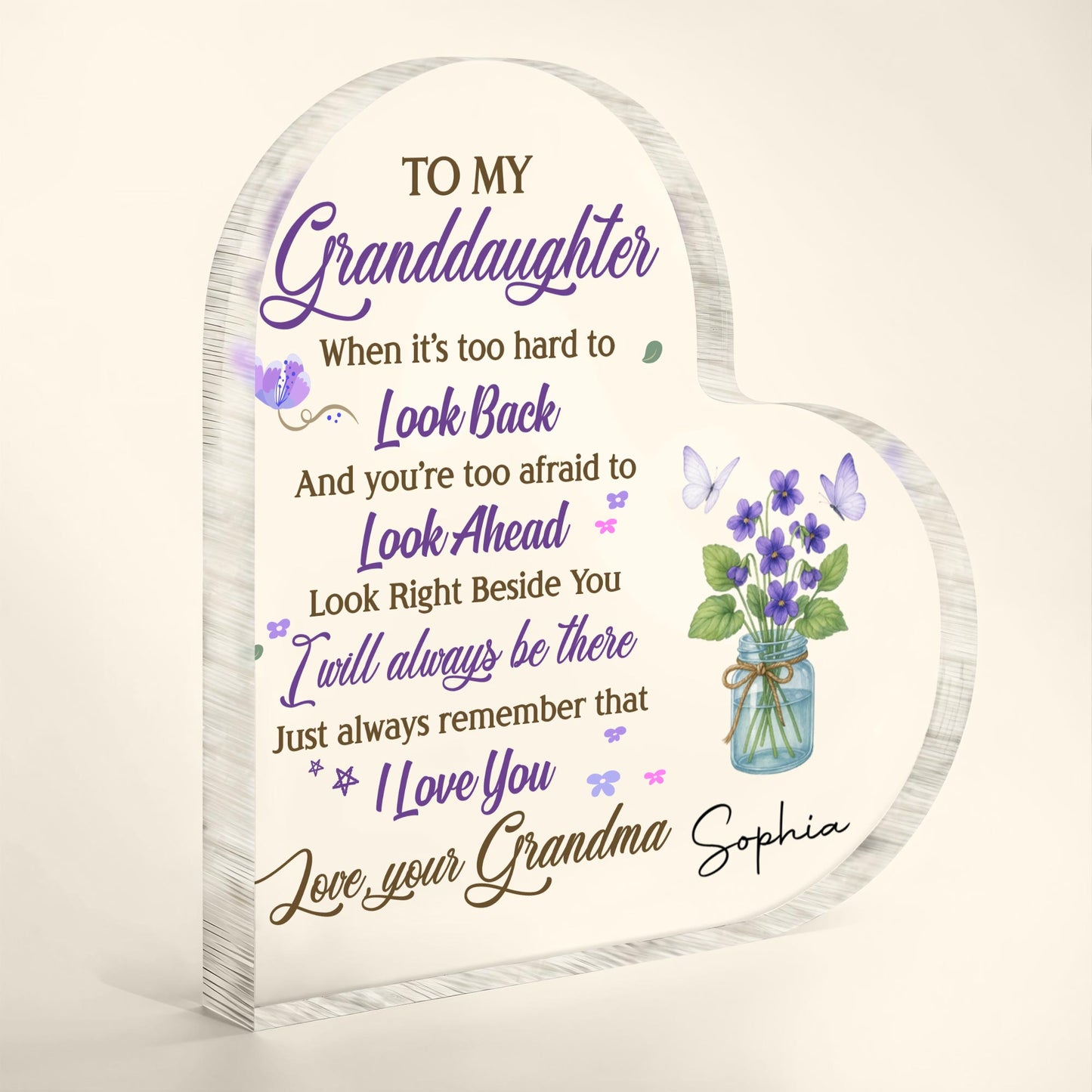 To My Granddaughter, Flowers and Butterfly In A Jar - Personalized Heart Shaped Acrylic Plaque - GDT316_HAP