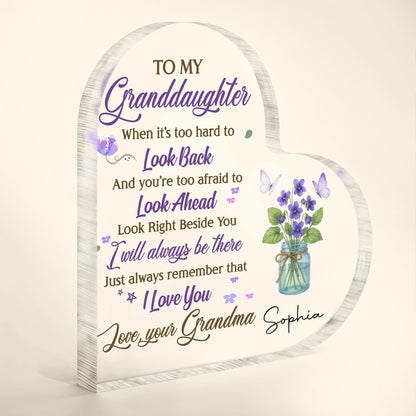 To My Granddaughter, Flowers and Butterfly In A Jar - Personalized Heart Shaped Acrylic Plaque - GDT316_HAP