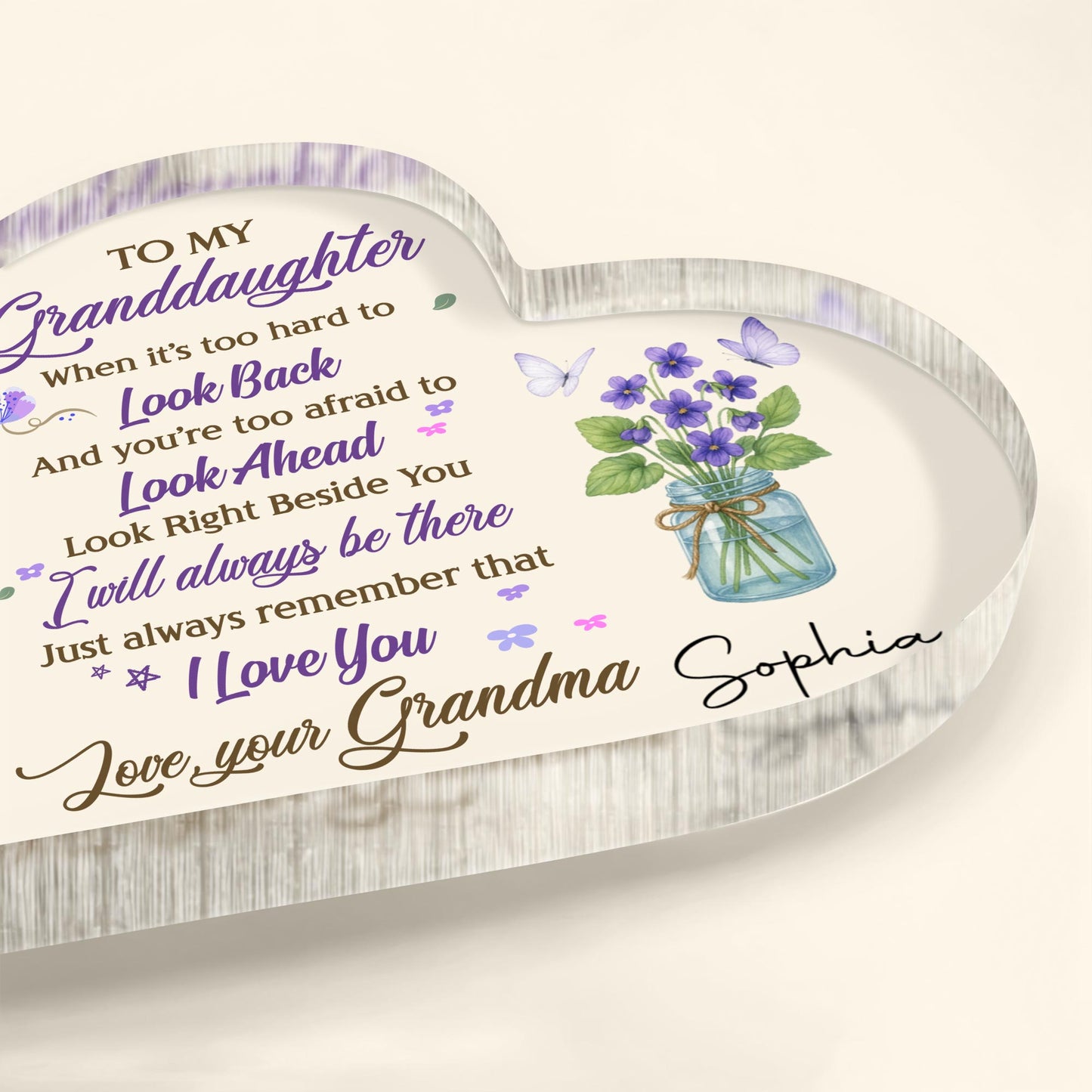To My Granddaughter, Flowers and Butterfly In A Jar - Personalized Heart Shaped Acrylic Plaque - GDT316_HAP