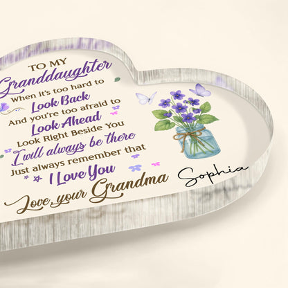 To My Granddaughter, Flowers and Butterfly In A Jar - Personalized Heart Shaped Acrylic Plaque - GDT316_HAP