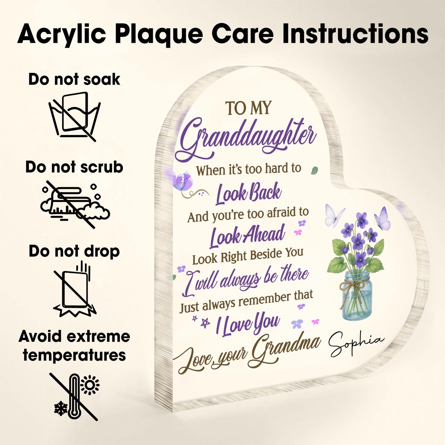 To My Granddaughter, Flowers and Butterfly In A Jar - Personalized Heart Shaped Acrylic Plaque - GDT316_HAP