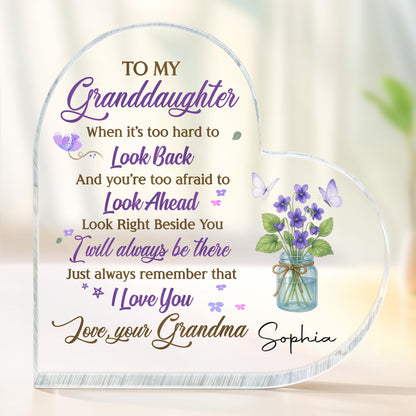 To My Granddaughter, Flowers and Butterfly In A Jar - Personalized Heart Shaped Acrylic Plaque - GDT316_HAP