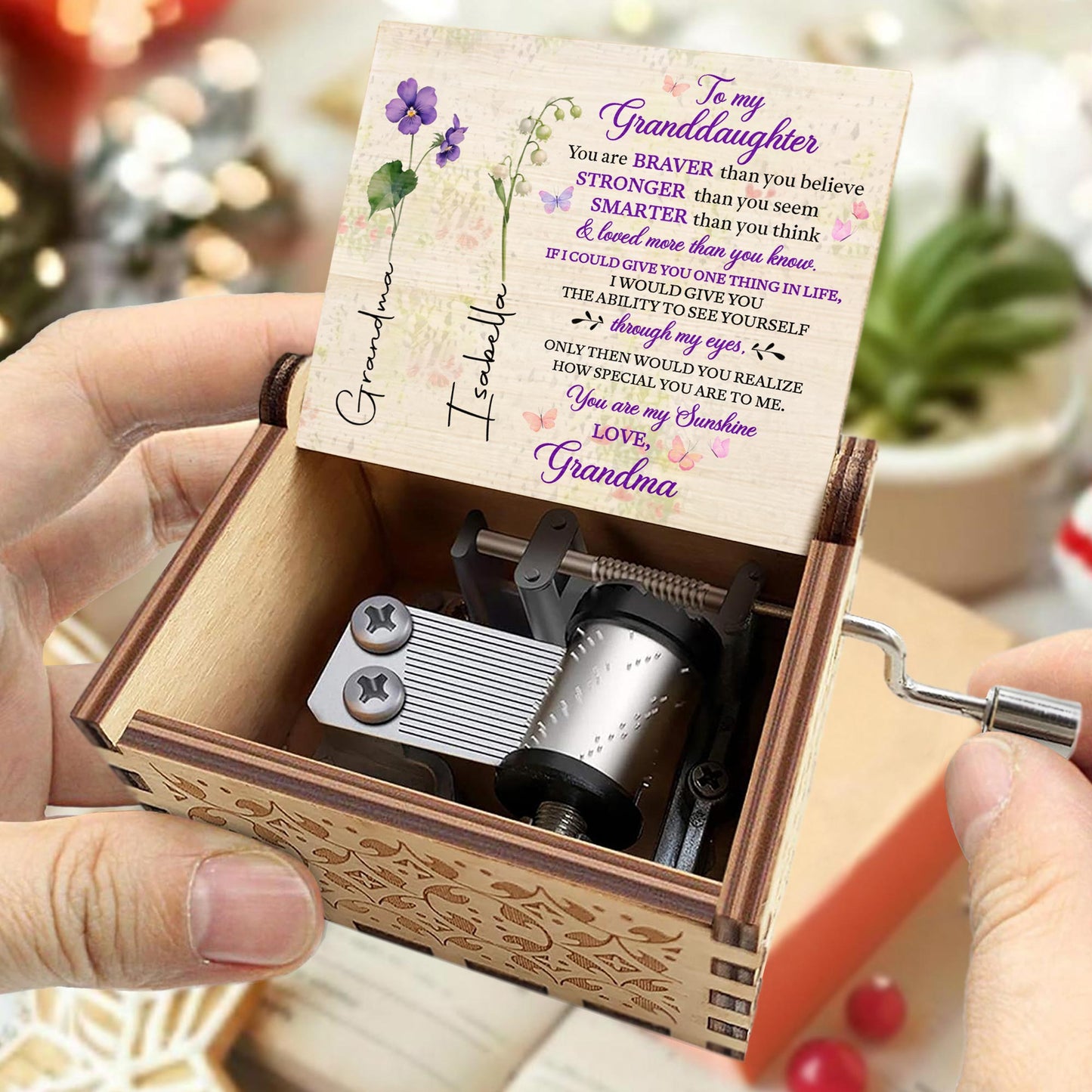 To My Granddaughter, You Are My Sunshine With Flowers - Custom Music Box With "You Are My Sunshine" Tune - GDT323_MZB