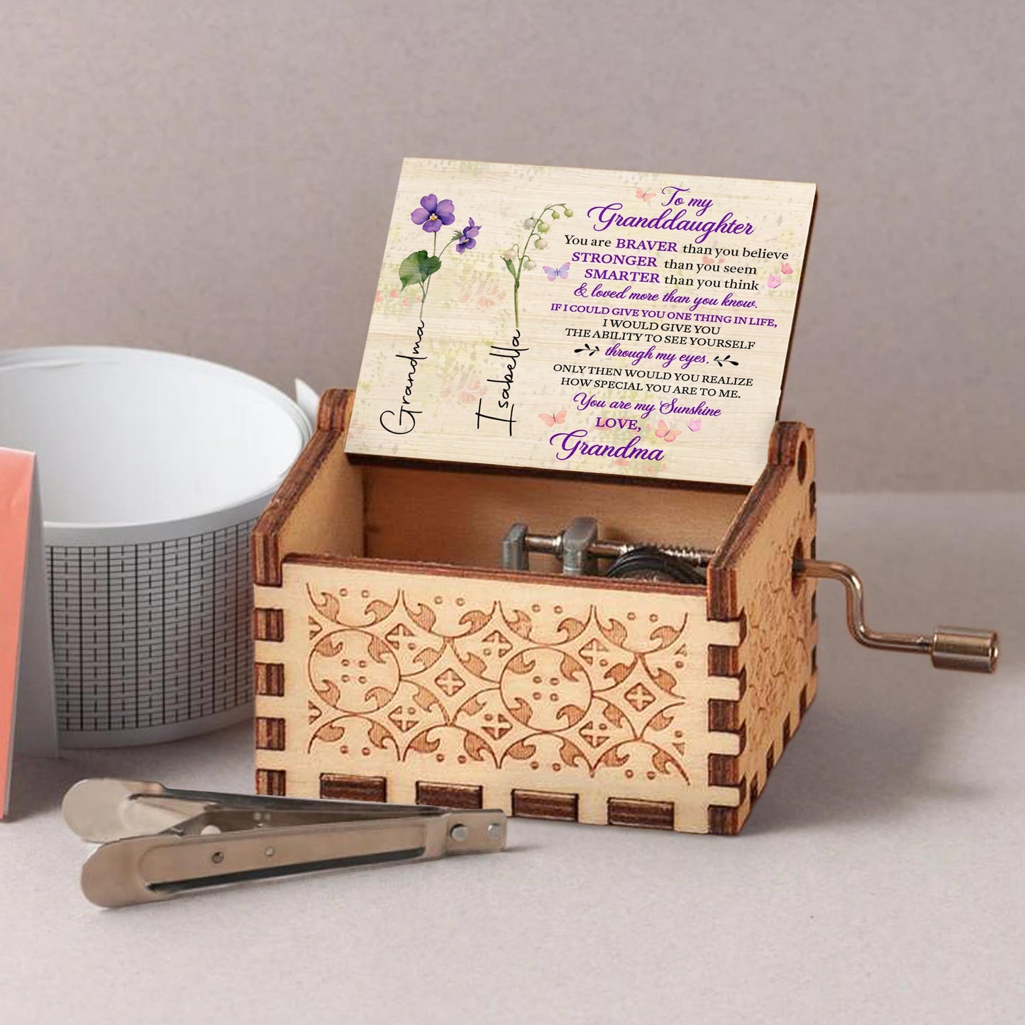 To My Granddaughter, You Are My Sunshine With Flowers - Custom Music Box With "You Are My Sunshine" Tune - GDT323_MZB