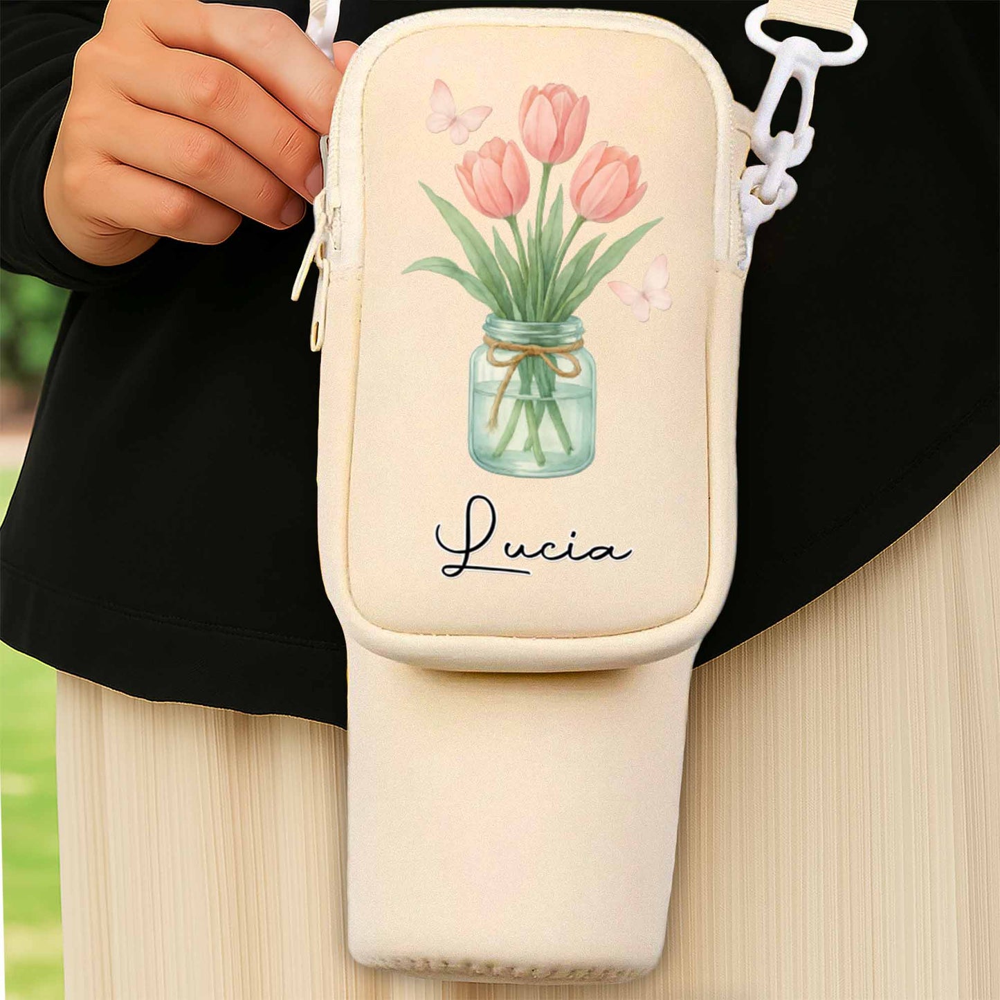 Flowers In A Mason Jar With Butterflies - Personalized Custom Water Bottle Carrier Bag - GDT325_BCB