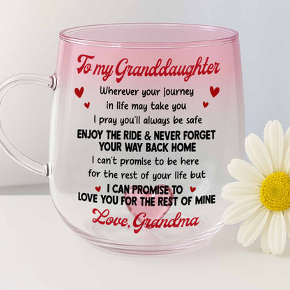 To My Granddaughter, Enjoy The Ride, Pink Glass Mug With Heart - Personalized Custom Pink Gradient Glass Mug - GDT348_PIMUG