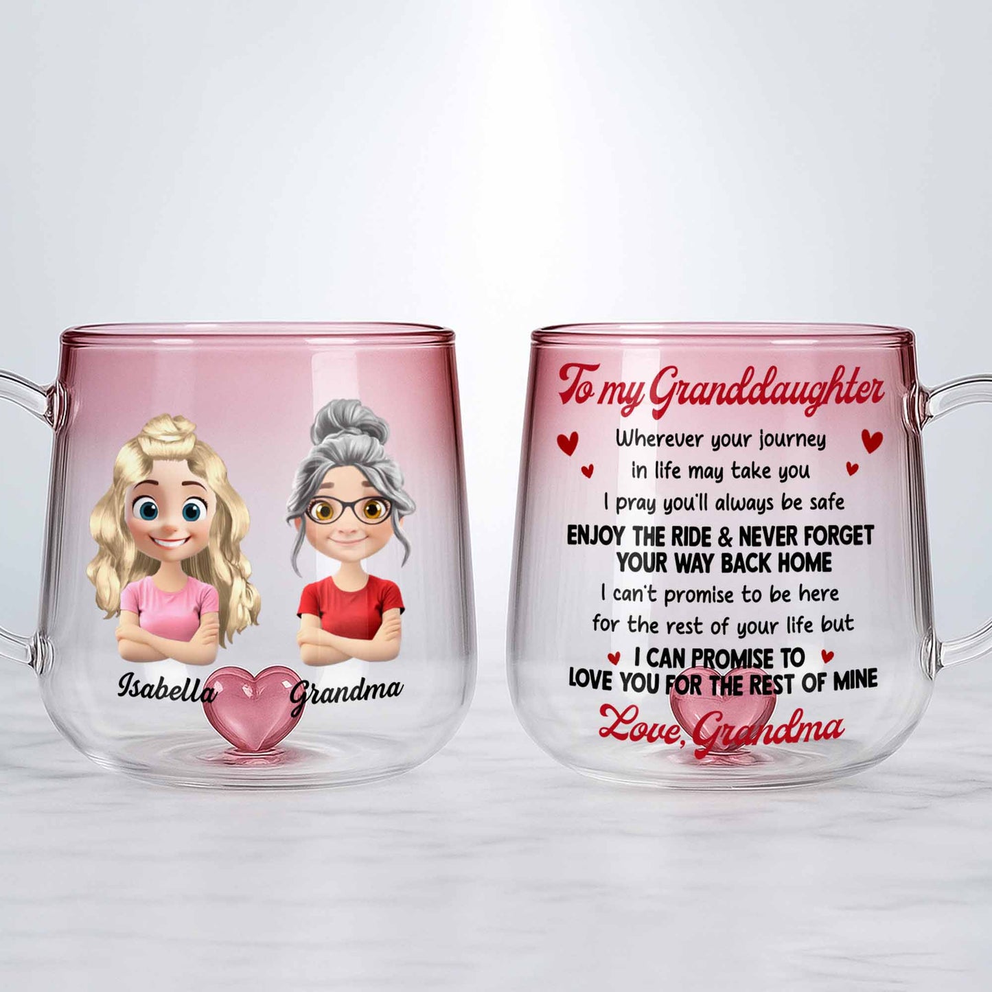 To My Granddaughter, Enjoy The Ride, Pink Glass Mug With Heart - Personalized Custom Pink Gradient Glass Mug - GDT348_PIMUG