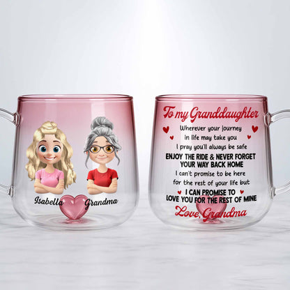 To My Granddaughter, Enjoy The Ride, Pink Glass Mug With Heart - Personalized Custom Pink Gradient Glass Mug - GDT348_PIMUG