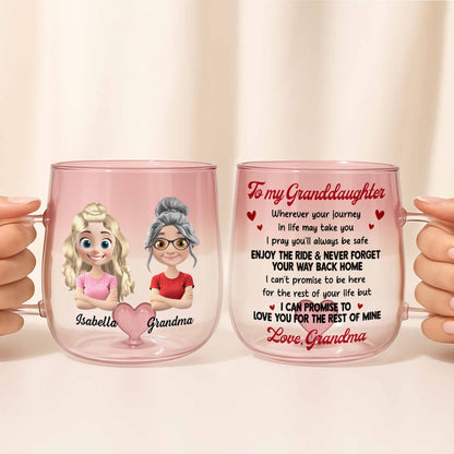 To My Granddaughter, Enjoy The Ride, Pink Glass Mug With Heart - Personalized Custom Pink Gradient Glass Mug - GDT348_PIMUG