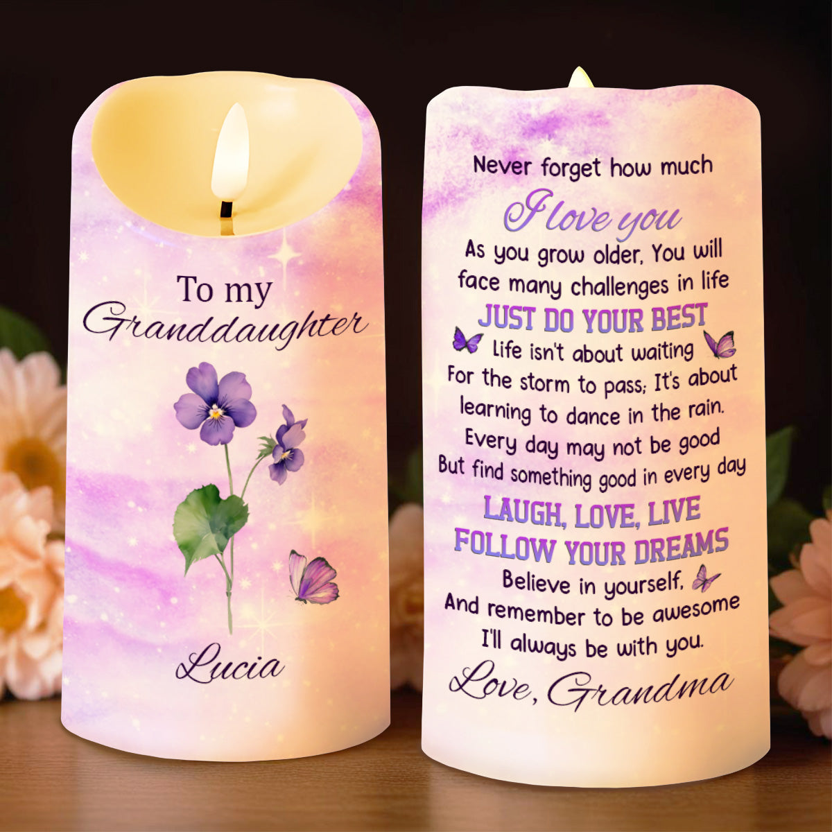 Para mi nieta: Sigue tus sueños con flores y mariposas - Vela LED personalizada - GDT362_LECA