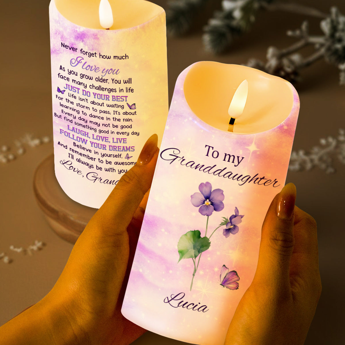Para mi nieta: Sigue tus sueños con flores y mariposas - Vela LED personalizada - GDT362_LECA