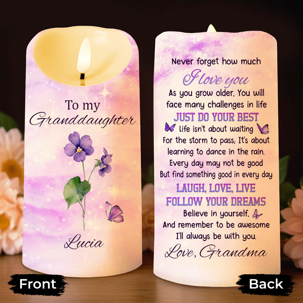 Para mi nieta: Sigue tus sueños con flores y mariposas - Vela LED personalizada - GDT362_LECA