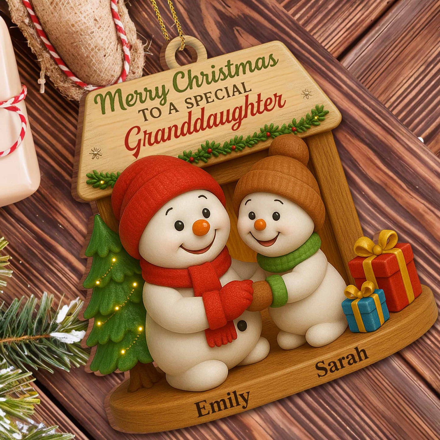 Feliz Navidad para un ser especial, muñecos de nieve y árbol de Navidad - Adorno de madera personalizado, forma personalizada - GDT362_WDO
