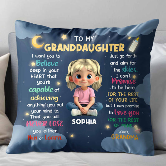 To My Granddaughter, Believe In Your Heart, Girl With Hearts And Rainbow - Personalized Custom Pillow, Insert Included - GDT370_PLW