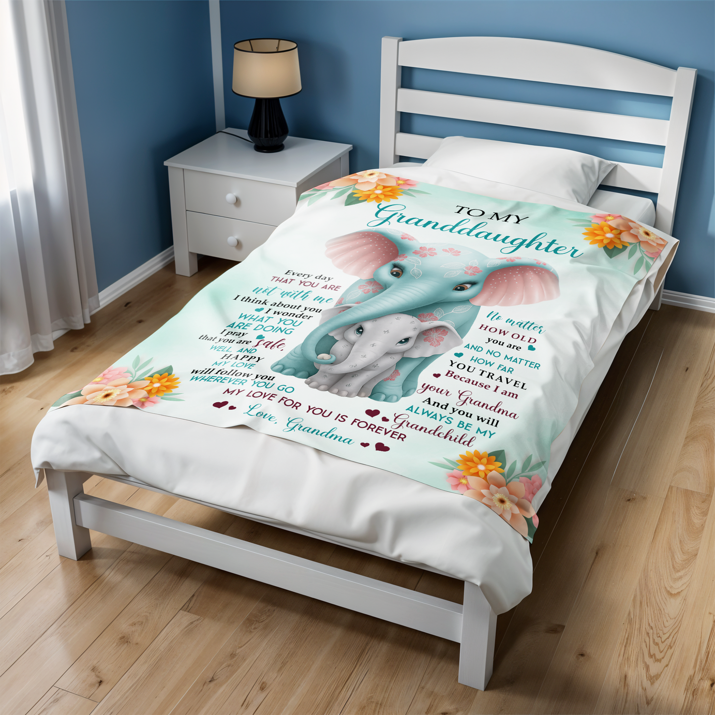 Para mi nieta, con cariño de la abuela, diseño de elefante y flores - Manta personalizada - GDT371_BLK