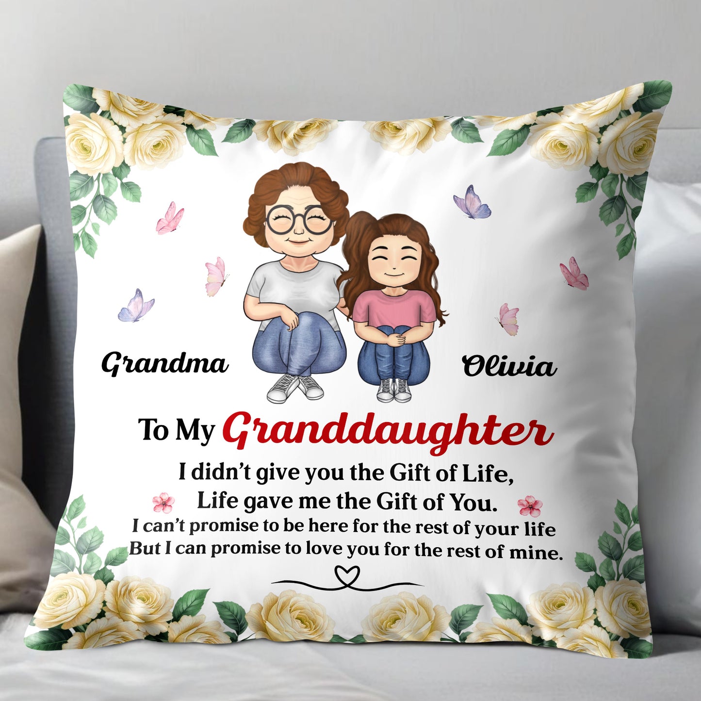To My Granddaughter, Roses And Butterflies Pillow