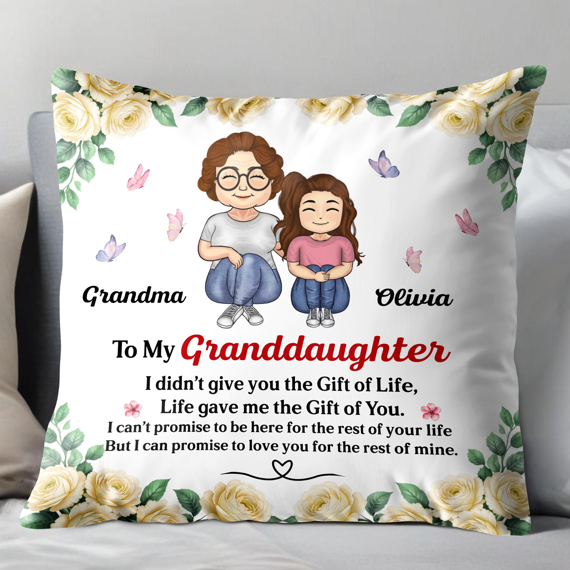 To My Granddaughter, Roses And Butterflies Pillow