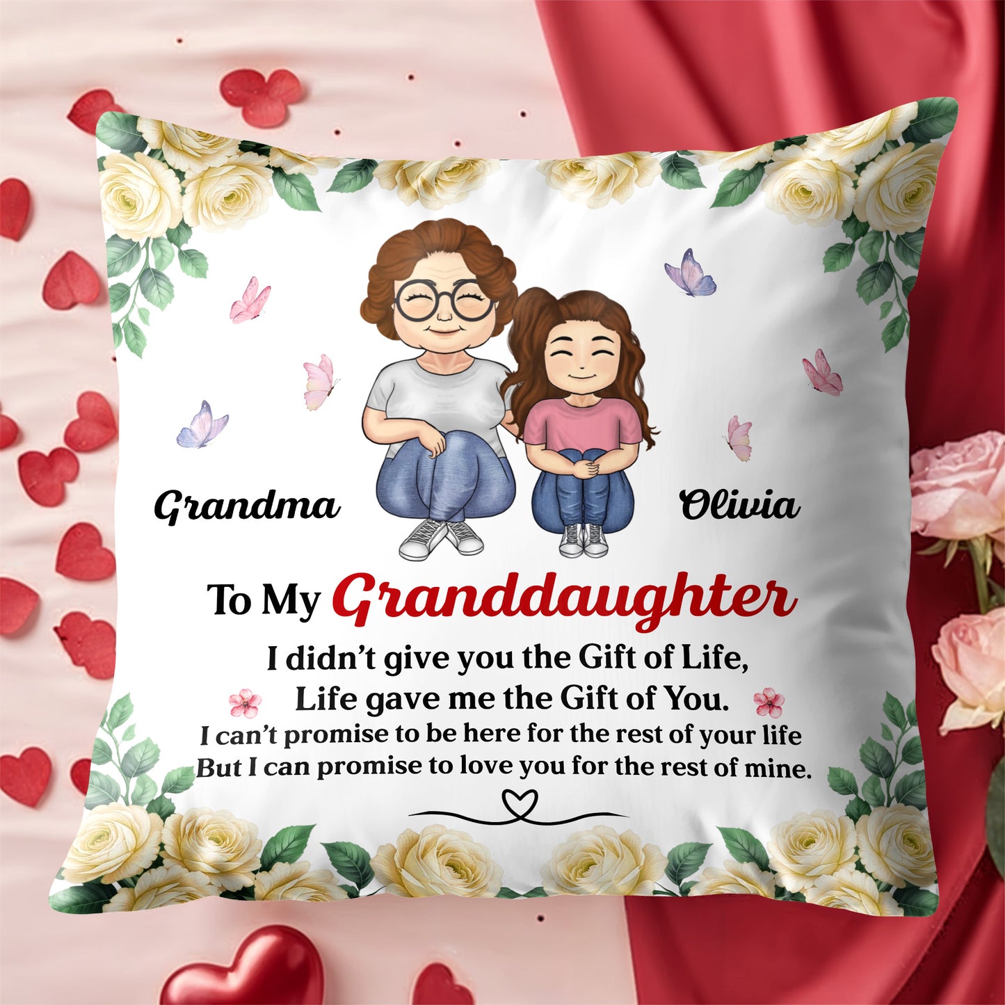 To My Granddaughter, Roses And Butterflies Pillow