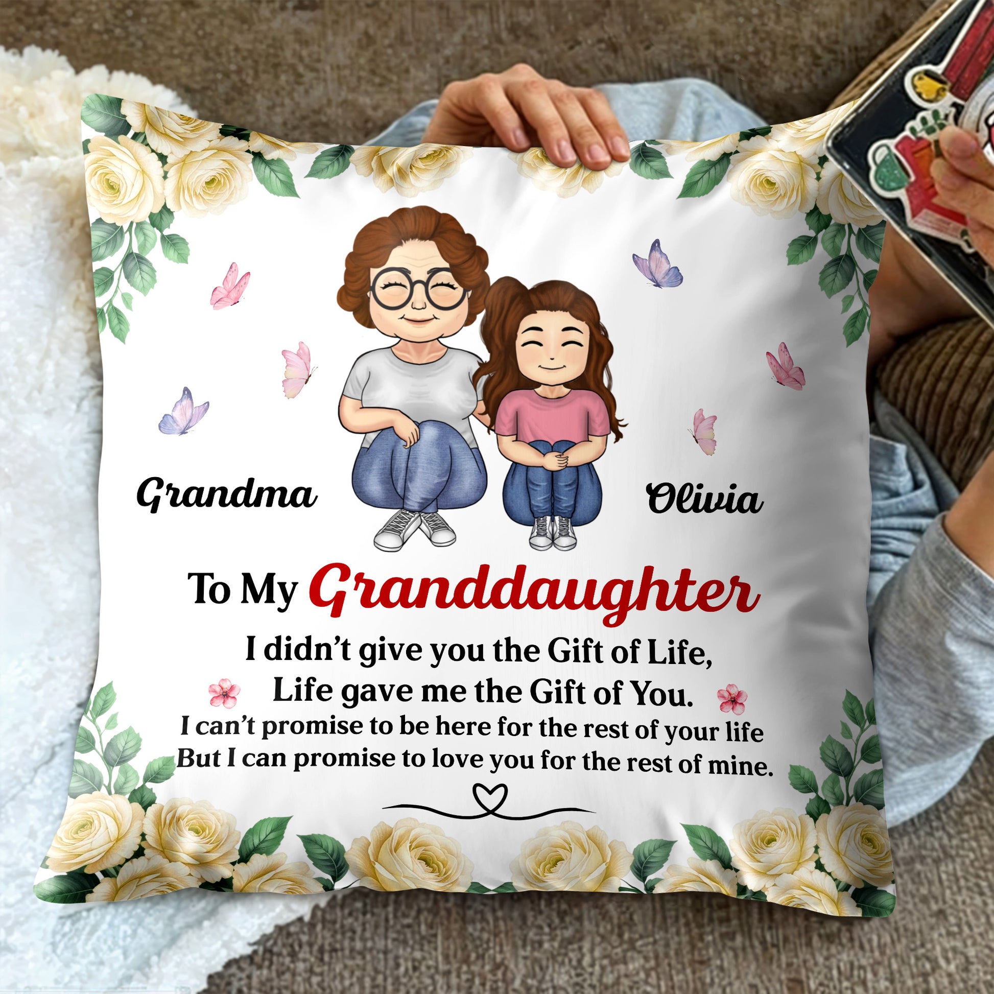 To My Granddaughter, Roses And Butterflies Pillow