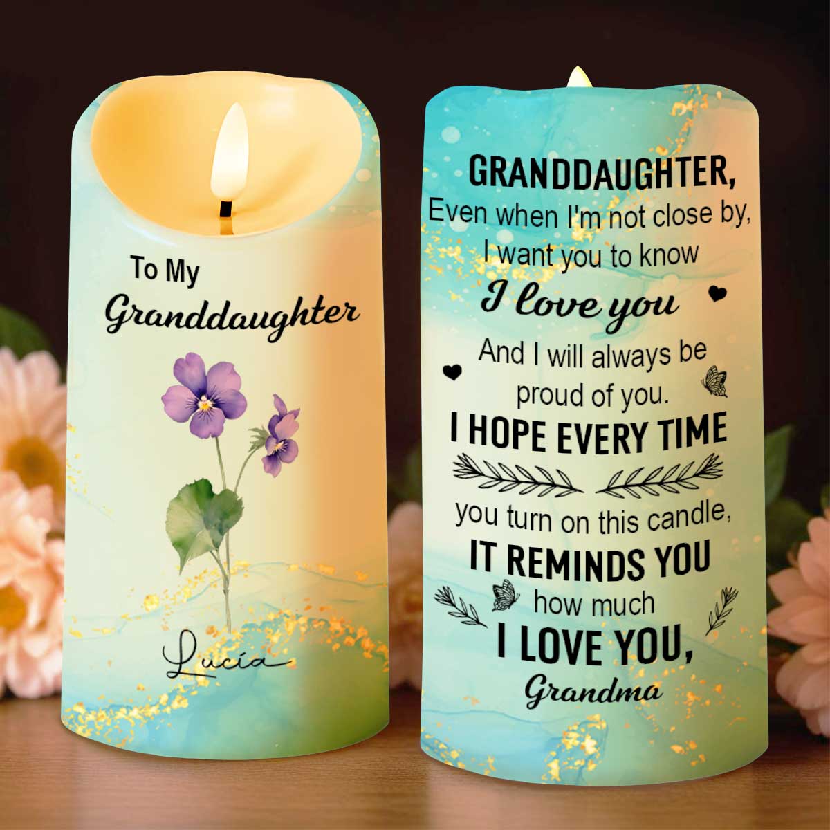 À ma petite-fille, Amour de grand-mère, Fleurs - Bougie LED personnalisée - GDT373_LECA