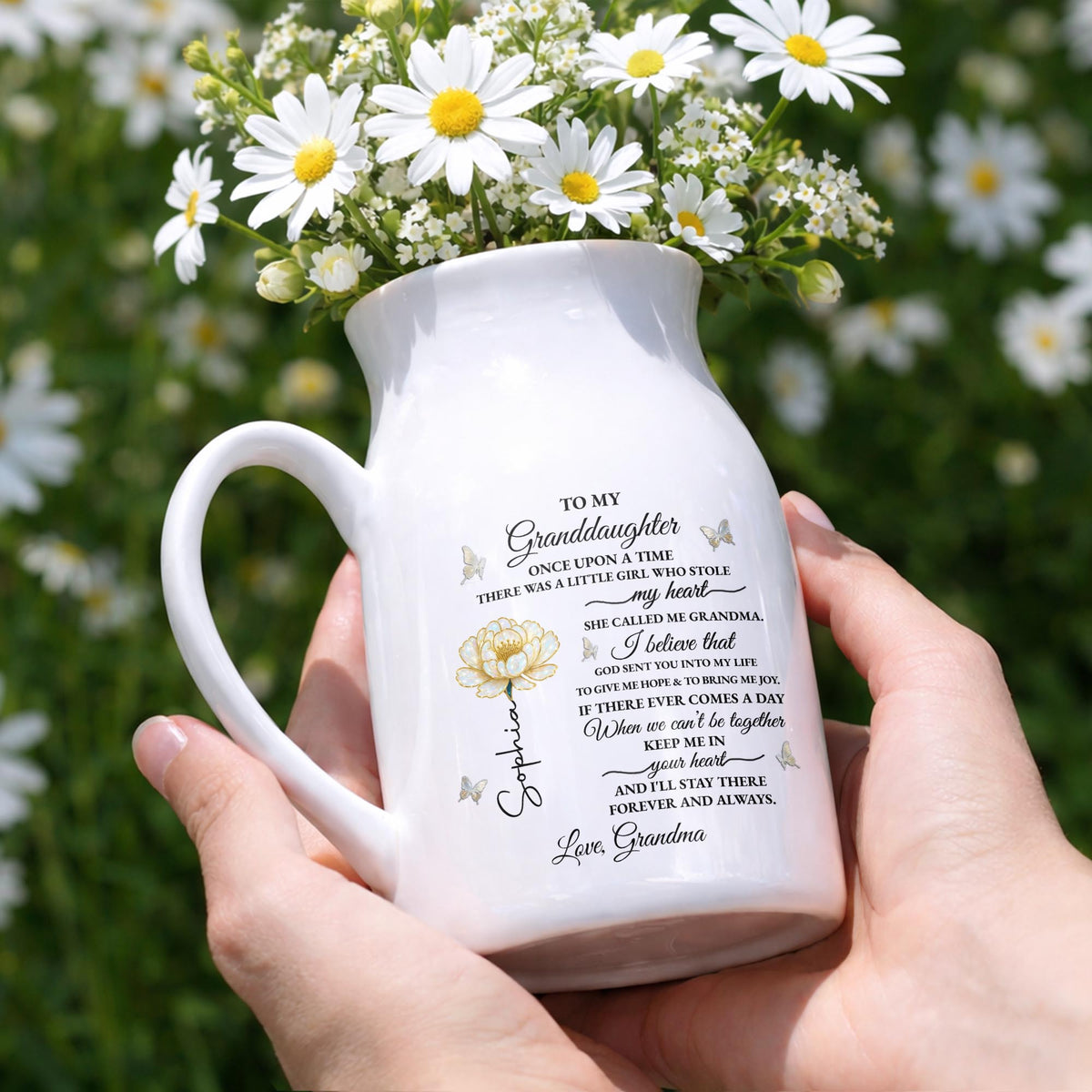 To My Granddaughter Once Upon A Time Birth Month Flower Butterflies - Personalized Ceramic Flower Vase - GDT389_CEV