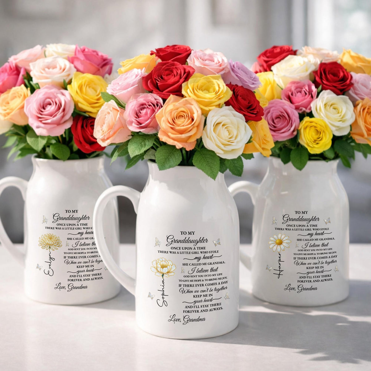To My Granddaughter Once Upon A Time Birth Month Flower Butterflies - Personalized Ceramic Flower Vase - GDT389_CEV