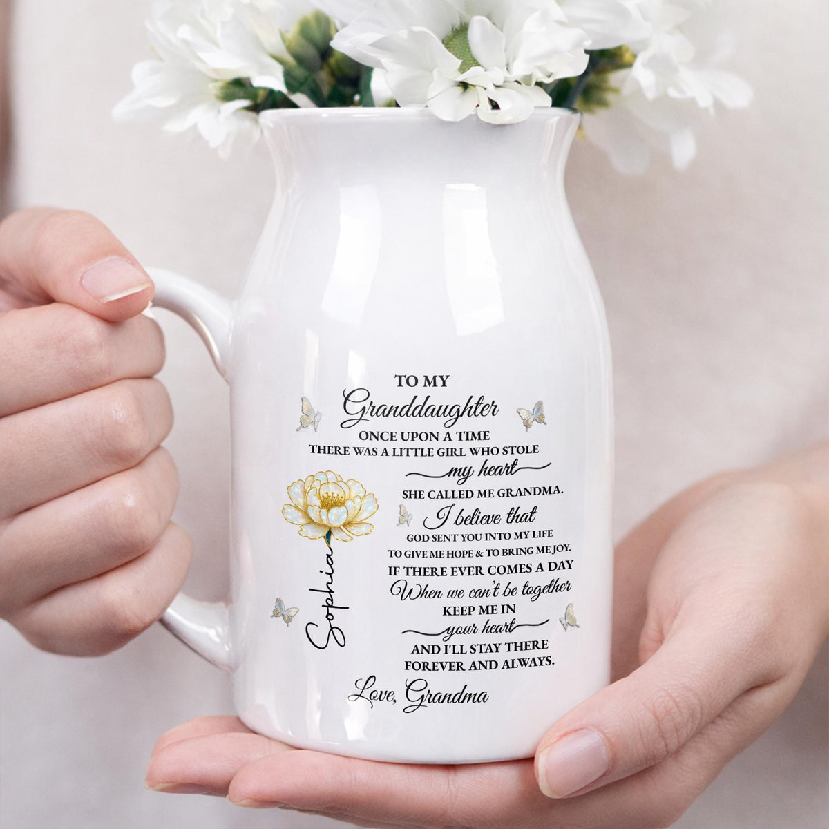 To My Granddaughter Once Upon A Time Birth Month Flower Butterflies - Personalized Ceramic Flower Vase - GDT389_CEV