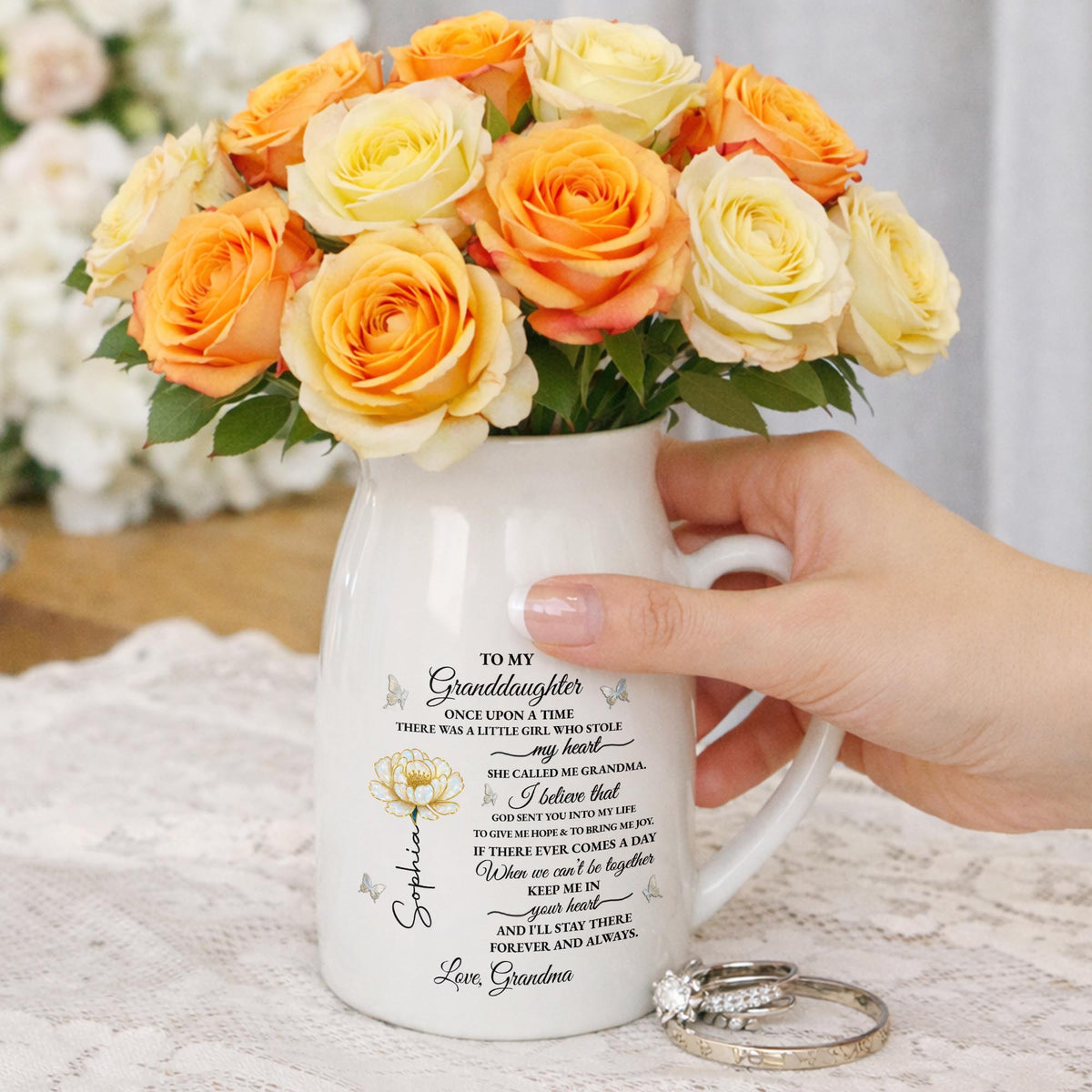 To My Granddaughter Once Upon A Time Birth Month Flower Butterflies - Personalized Ceramic Flower Vase - GDT389_CEV