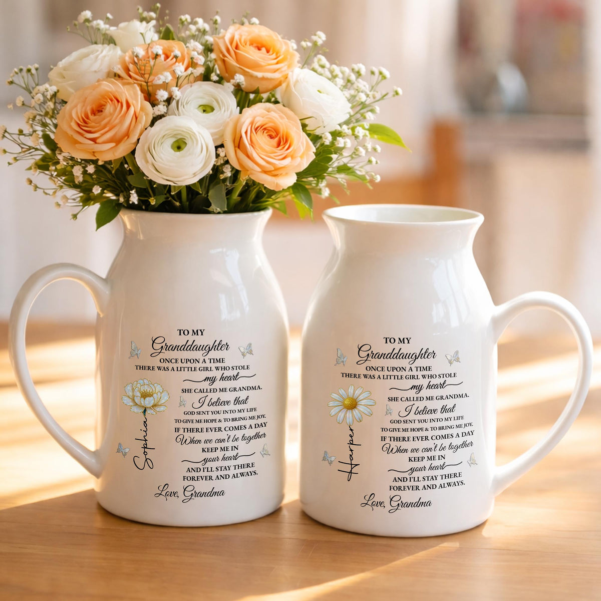 To My Granddaughter Once Upon A Time Birth Month Flower Butterflies - Personalized Ceramic Flower Vase - GDT389_CEV