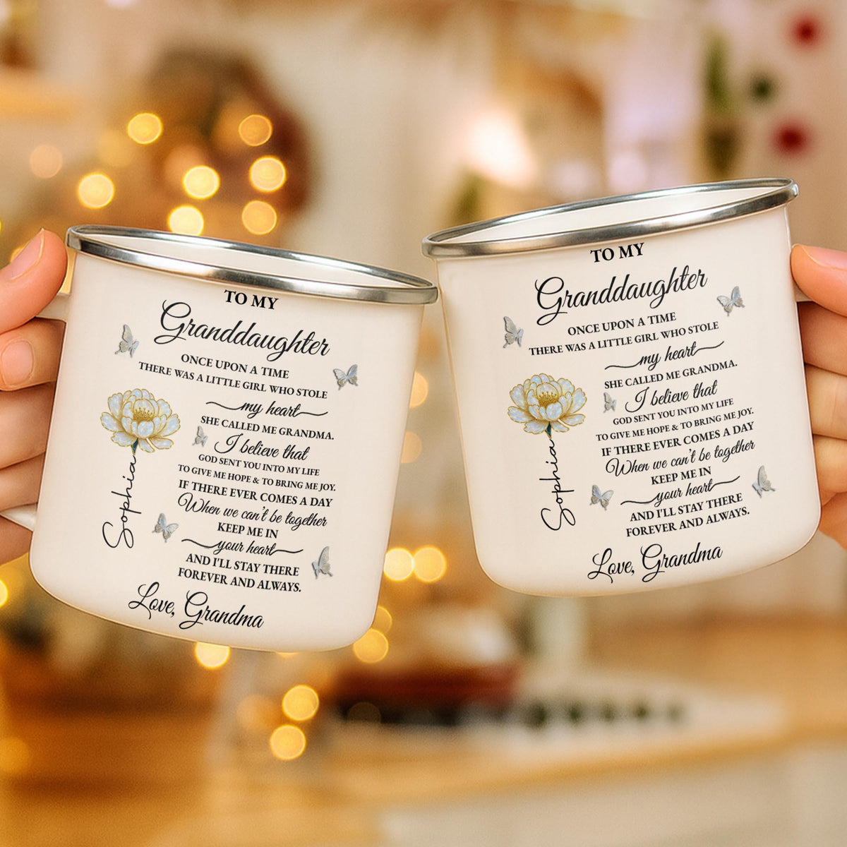 To My Granddaughter Once Upon A Time Flower And Butterfly - Personalized Custom Enamel Mug - GDT389_EMUG