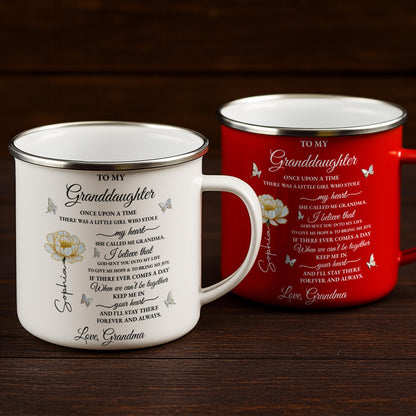 To My Granddaughter Once Upon A Time Flower And Butterfly - Personalized Custom Enamel Mug - GDT389_EMUG
