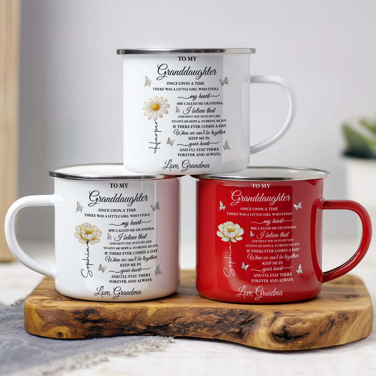 To My Granddaughter Once Upon A Time Flower And Butterfly - Personalized Custom Enamel Mug - GDT389_EMUG